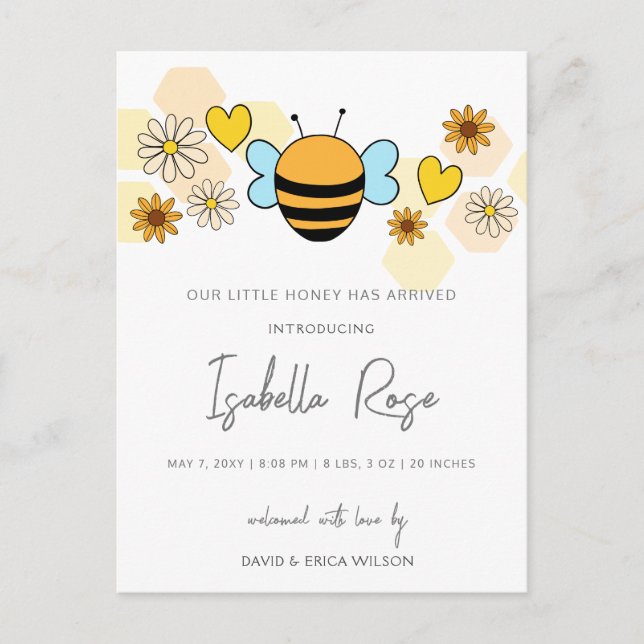 Sweet Honey Cute New Baby Photo Birth Announcement Postcard (Front)