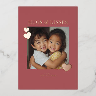 Sweet Hugs and Kisses Heart Photo Foil Holiday Card