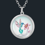 Sweet Hummingbird and Flower Crystal Art Print Silver Plated Necklace<br><div class="desc">Elegant hummingbird and flower design.</div>