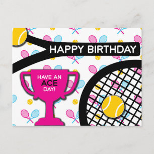 Sweet I love tennis pink and blue Tennis Birthday Postcard