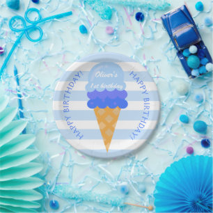 Sweet ice cream 1st birthday party blue boy paper plate