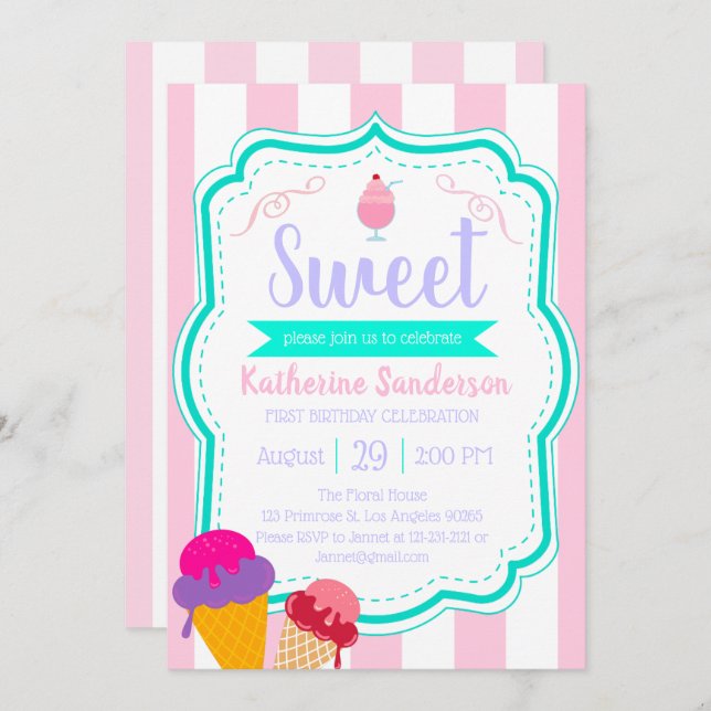 Sweet Ice-Cream Baby Sprinkle Candy shop Birthday Invitation (Front/Back)