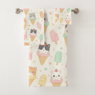 Sweet Ice Cream Cone Kittens and Popsicles Pattern Bath Towel Set