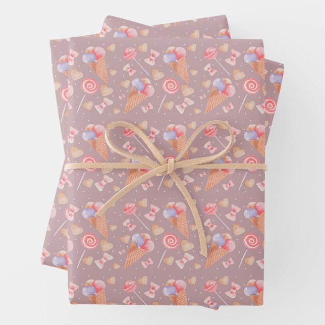 Sweet Ice Cream Cones & Lollipops Pattern Wrapping Paper Sheet (In situ)