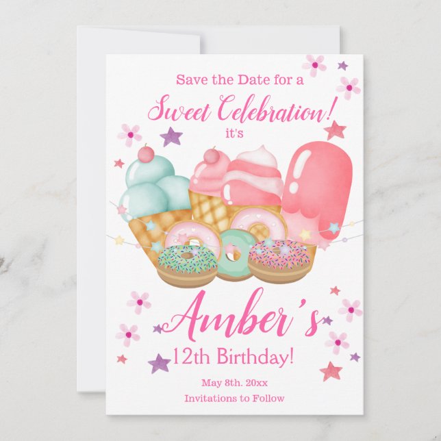 Sweet Ice Cream, Doughnut Birthday, Any Age     Save The Date (Front)