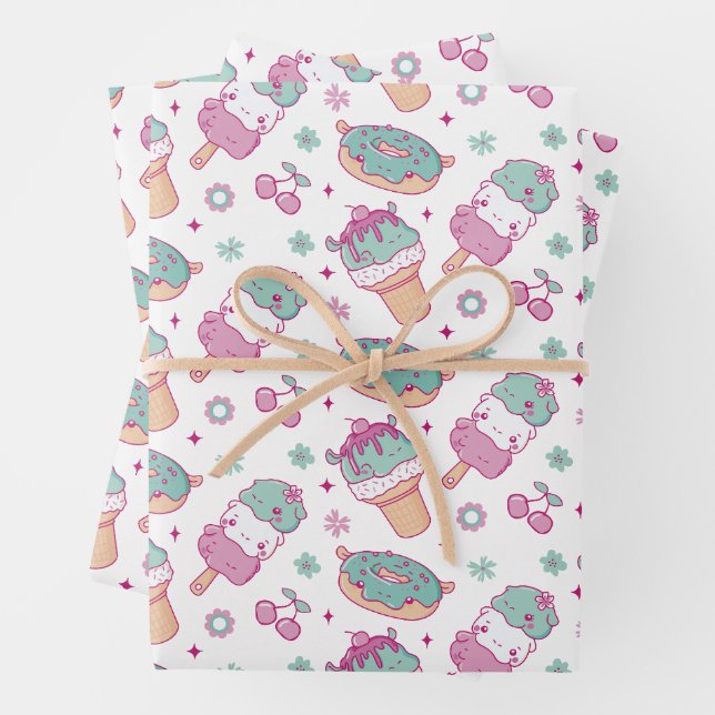 Sweet Ice Cream & Doughnuts Pattern Wrapping Paper Sheet (In situ)