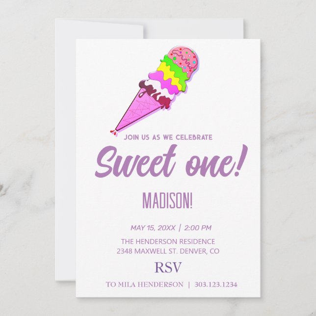 Sweet ICE CREAM rainbow colours,  Invitation (Front)