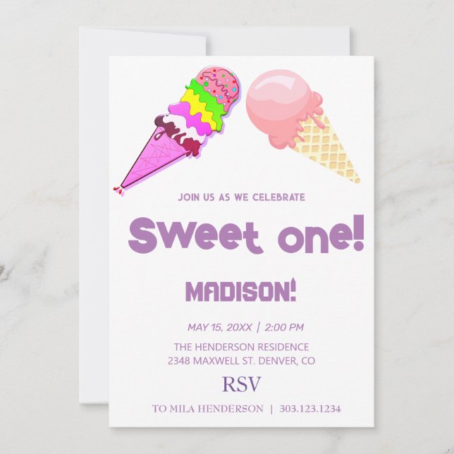 Sweet ICE CREAM rainbow colours,  Invitation (Front)