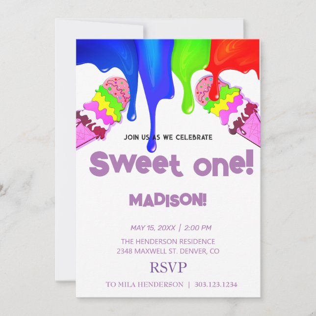 Sweet ICE CREAM rainbow colours,  Invitation (Front)