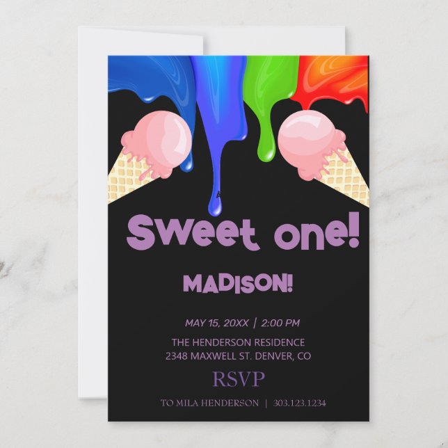 Sweet ICE CREAM rainbow colours,  Invitation (Front)