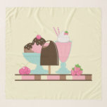 Sweet Ice Cream Sundae & Strawberry Float Scarf<br><div class="desc">Square scarf with a sweet ice cream theme. Illustrated with a chocolate ice cream bar,  3-scoop sundae with a cherry on top,  and a strawberry float with whipped cream dollops on top. Little strawberries and cherries. Yellow background colour.</div>