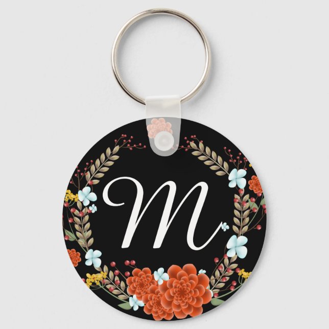 Sweet Illustrated Flower & Laurel Wreath Monogram Key Ring (Front)
