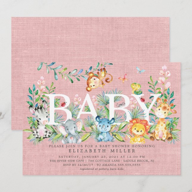 Sweet Jungle Animals Girls Baby Shower Invitation (Front/Back)
