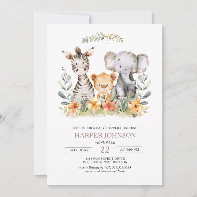 Sweet Jungle Safari Animal Baby Shower Invitation (Front)