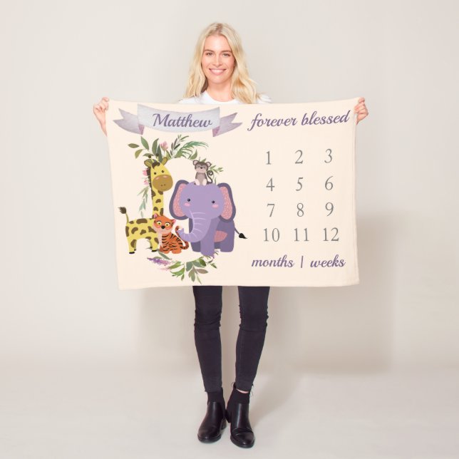 Sweet Jungle Safari Animals Baby Boy Milestone Fleece Blanket (In Situ)