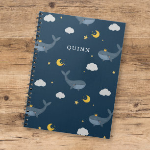 Sweet Kids Night Sky Whale Clouds Moon w/ Name Notebook