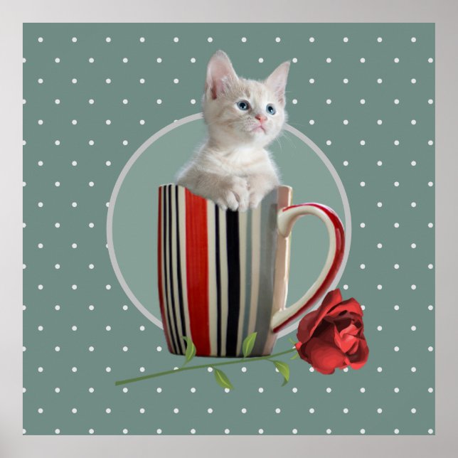 Sweet Kitten and Red Rose Polka Dot Pattern  Poster (Front)