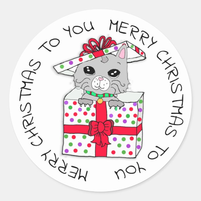 Sweet Kitten in Christmas Gift Box Classic Round Sticker (Front)