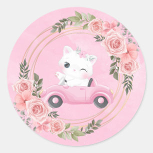 Sweet Kitten Pink Vintage Car Baby Shower Classic Round Sticker