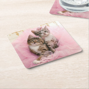 Sweet Kittens in Tiaras and Pink Sparkly Tutu Square Paper Coaster