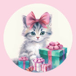 Sweet Kitty Cat Big Pink Bow Classic Round Sticker<br><div class="desc">Sweet Kitty Cat Big Pink Bow Classic Round Sticker</div>