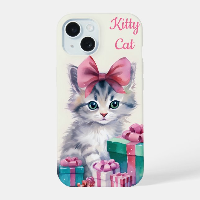 Sweet Kitty Cat Big Pink Bow iPhone 15 Case (Back)