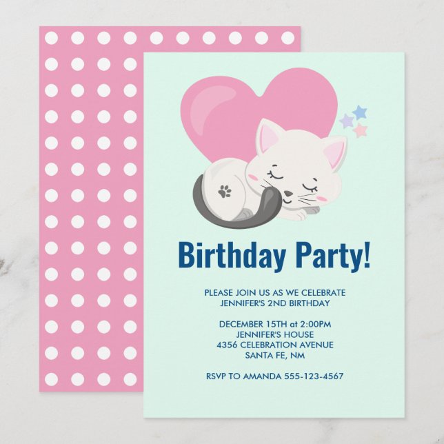 Sweet Kitty Cat Sleeping with a Big Heart Birthday Invitation (Front/Back)