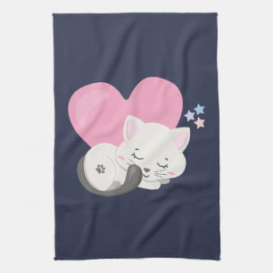 Sweet Kitty Cat Sleeping with a Big Heart in Back Tea Towel