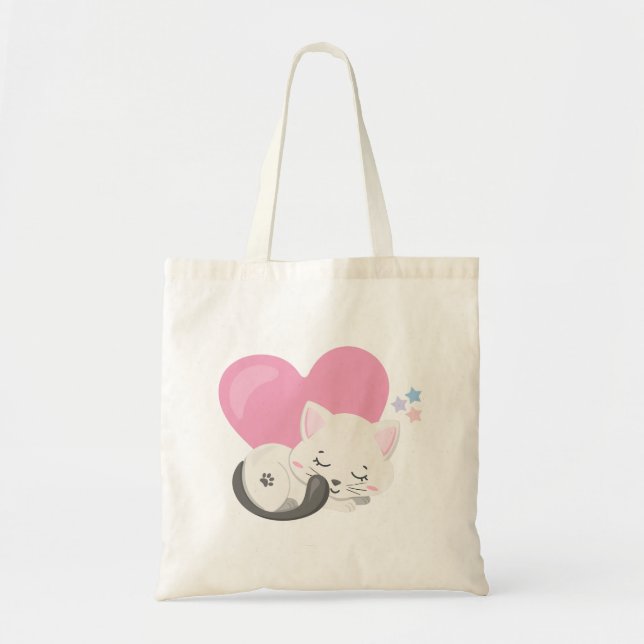 Sweet Kitty Cat Sleeping with a Big Heart in Back Tote Bag (Front)