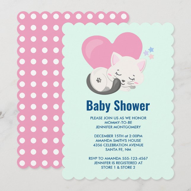 Sweet Kitty Cat Sleeping with a Big Heart Shower Invitation (Front/Back)