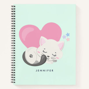 Sweet Kitty Cat Sleeping with a Big Pink Heart Notebook