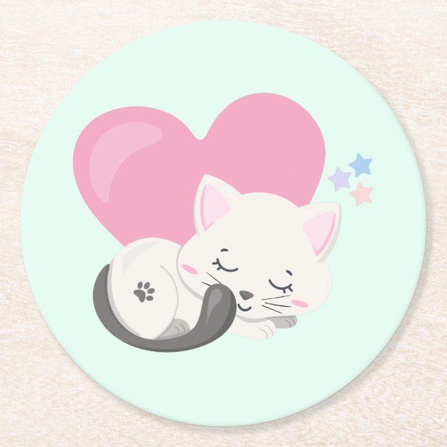 Sweet Kitty Cat Sleeping with a Big Pink Heart Round Paper Coaster (Front)