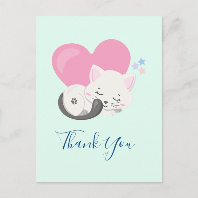Sweet Kitty Cat Sleeping with a Heart Thank You Postcard (Front)