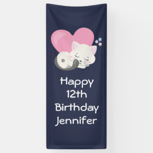 Sweet Kitty Cat Sleeping with Pink Heart Birthday Banner