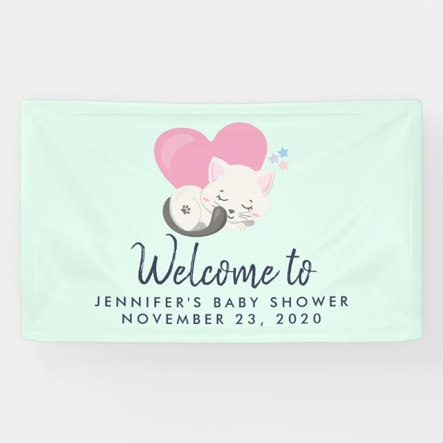 Sweet Kitty Cat Sleeping with Pink Heart Shower Banner (Horizontal)