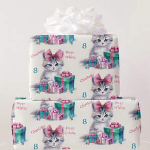 Sweet Kitty Happy Birthday Girl's Name Age  Wrapping Paper