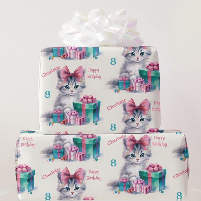 Sweet Kitty Happy Birthday Girl's Name Age  Wrapping Paper (Creator Uploaded)