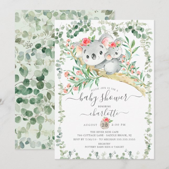 Sweet Koala Bear Girls Baby Shower Invitation (Front/Back)