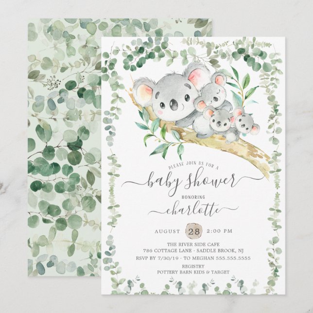 Sweet Koala Bears Triplets Baby Shower Invitation (Front/Back)