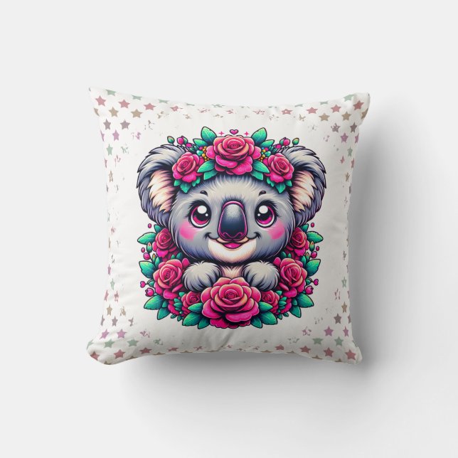Sweet Koala with Pink Rose Wreath  Cushion (Front)