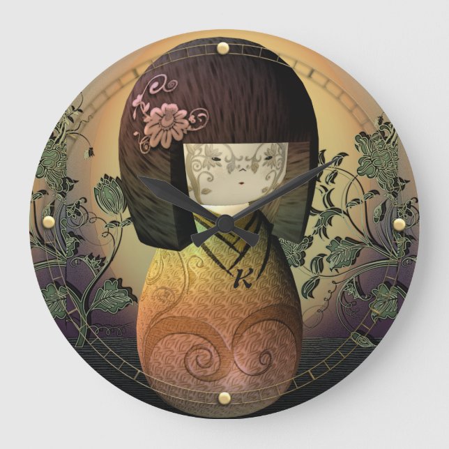 Sweet Kokeshi Doll Personalised Monogram Large Clock (Front)