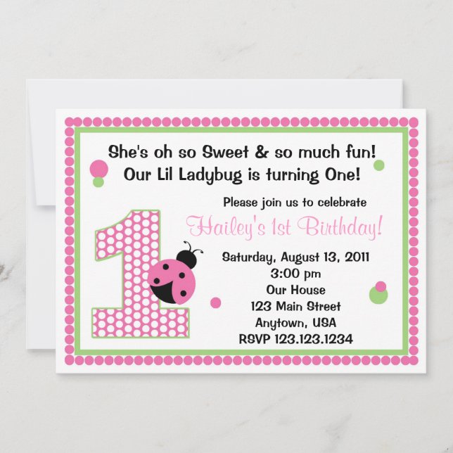 Sweet Ladybug Pink Birthday Invitation (Front)