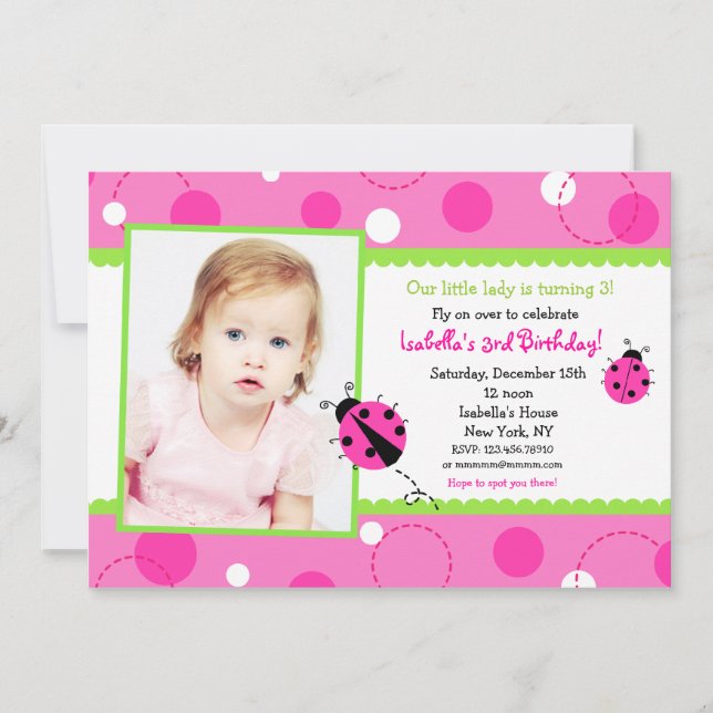 Sweet Ladybug Pink Green Photo Birthday Invitation (Front)
