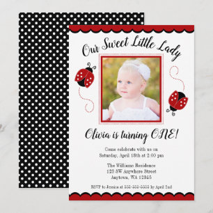 Sweet Ladybug Red Black Photo Birthday Invitations