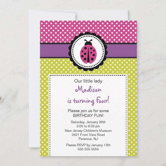 Sweet Ladybugs Birthday Invitation Polka Dots (Front)