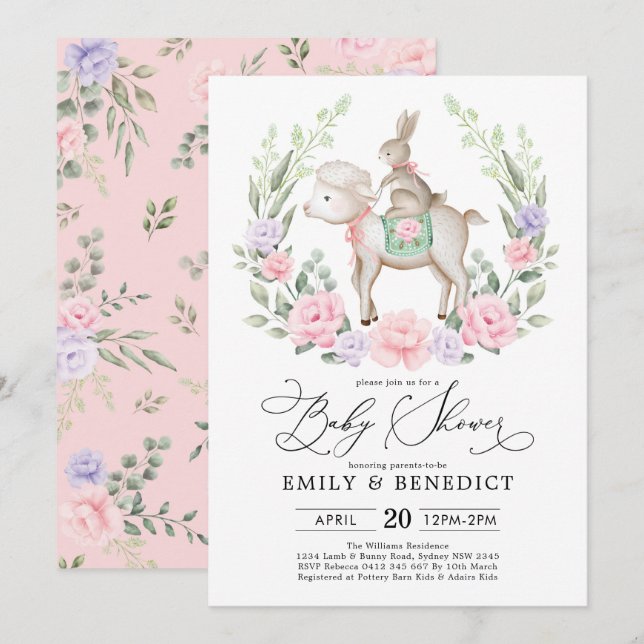 Sweet Lamb & Bunny Rabbit Soft Floral Baby Shower Invitation (Front/Back)