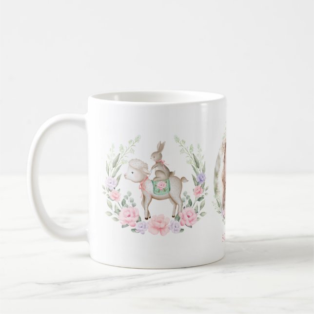 Sweet Lamb & Bunny Rabbit Spring Floral Easter Coffee Mug (Left)