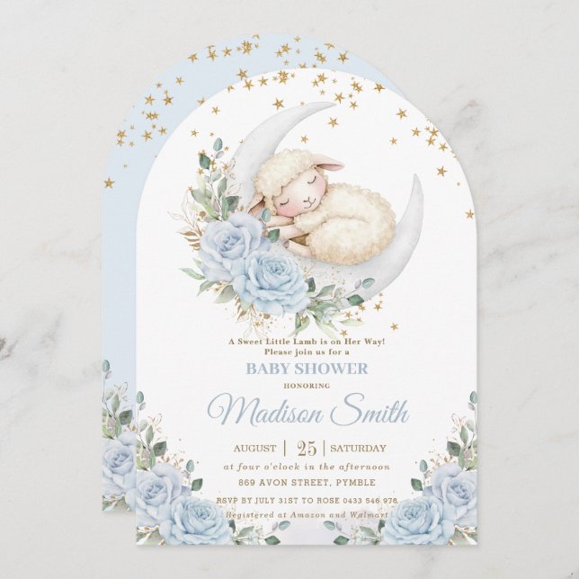 Sweet Lamb Moon Blue Floral Boy Baby Shower Arch Invitation (Front/Back)