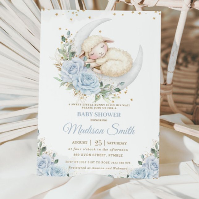 Sweet Lamb Moon Soft Blue Floral Boy Baby Shower Invitation (Creator Uploaded)