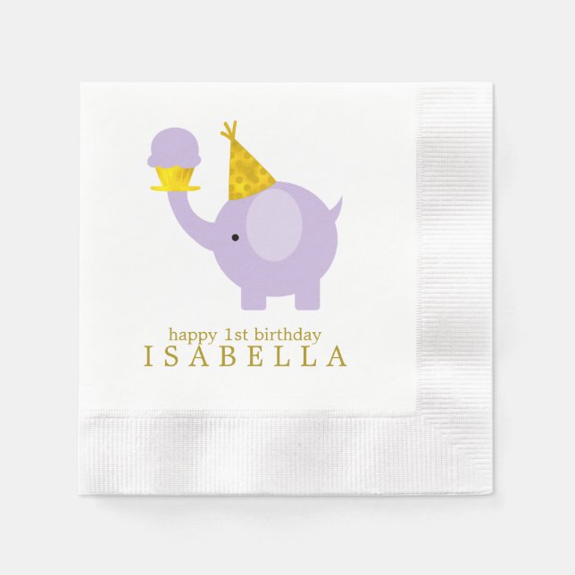 Sweet Lavender Elephant Birthday Party Napkin (Front)